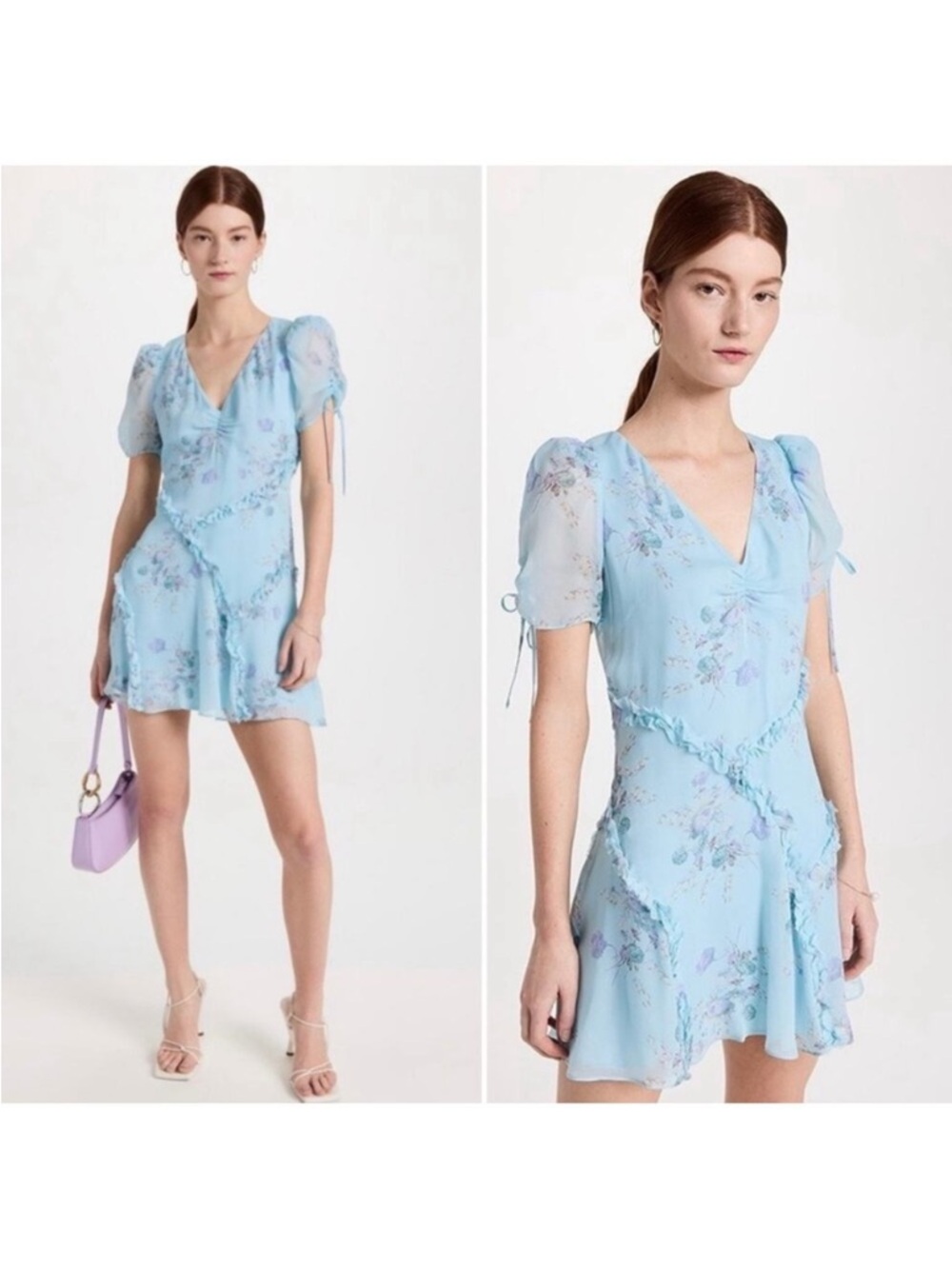 LoveShackFancy Blue Floral Mini Dress Ruffle Hem Size 12